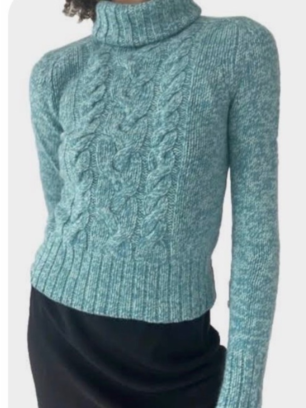 Express Cable-Knit Wool/Cashmere Blend Turtleneck Sweater in Marled Teal, Large